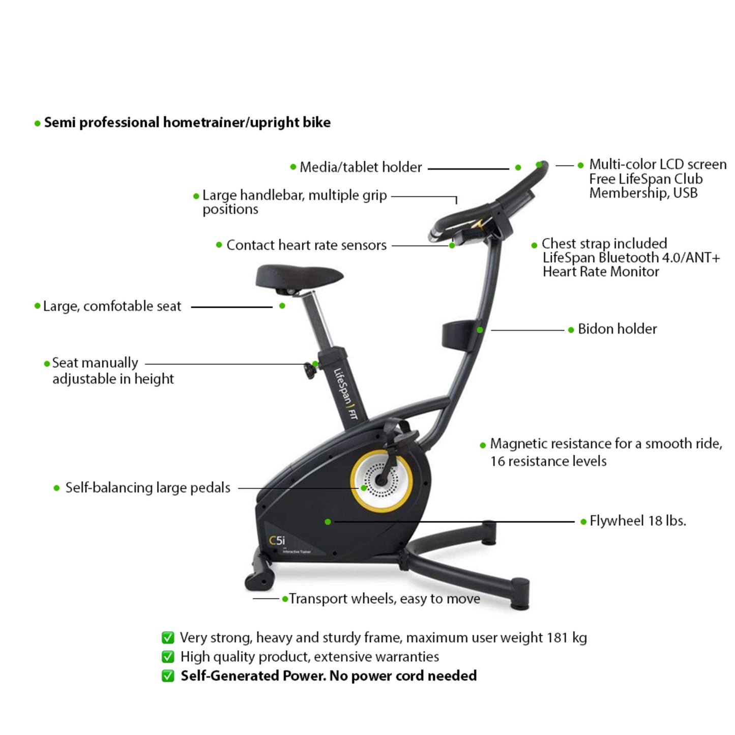 LifeSpan Trainer Upright Bike C5i Self-Generating